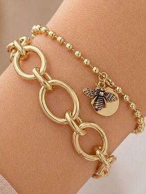 14K Gold Plated Bee Charm Linked Bracelet Set Water Resistant Hypoallergenic